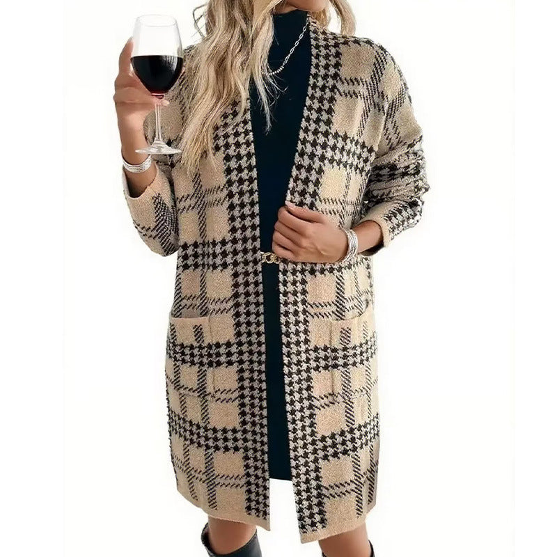 Women's Houndstooth Knitted Long Knitted Jacket