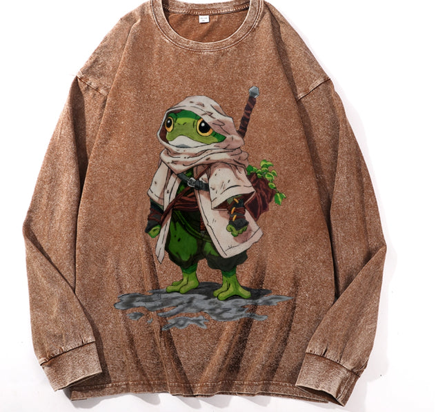 Washed-and-aging Long-sleeve Drawstring Pure Cotton In Color