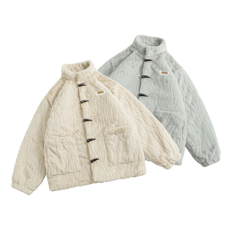 Solid Color Age-reducing Plush Coat Rabbit Fur Horn Button Cotton-padded Coat