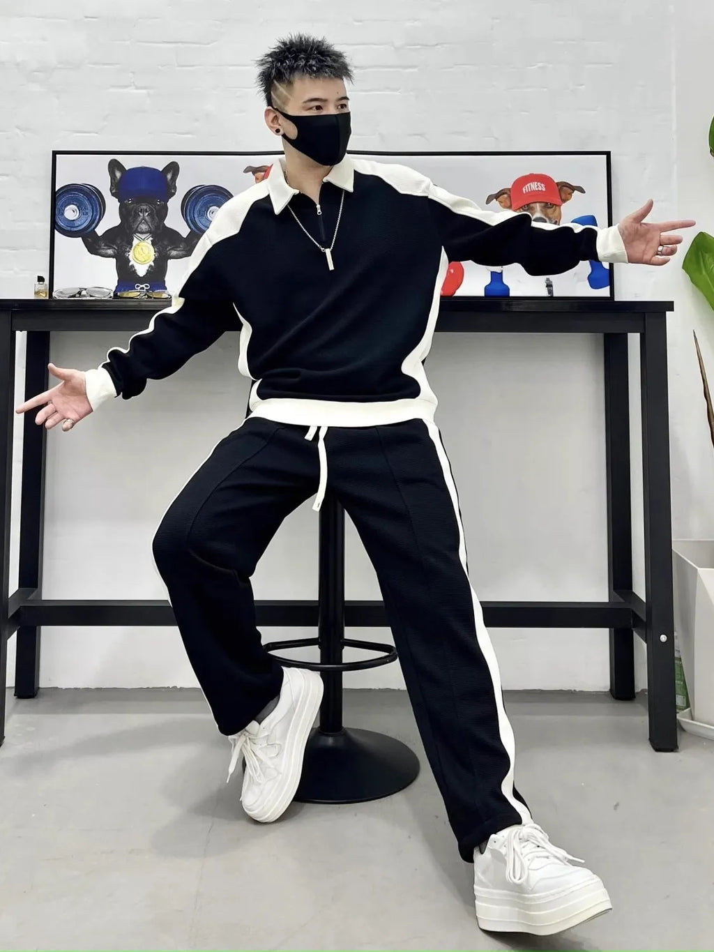 Men's Simple Striped Color-block Hooded Sweatshirt Set