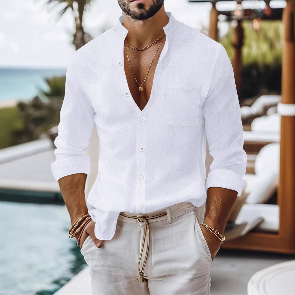 Solid-color Cotton-linen Shirt, Mandarin-collar Cardigan, Long-sleeve Business-casual Shirt