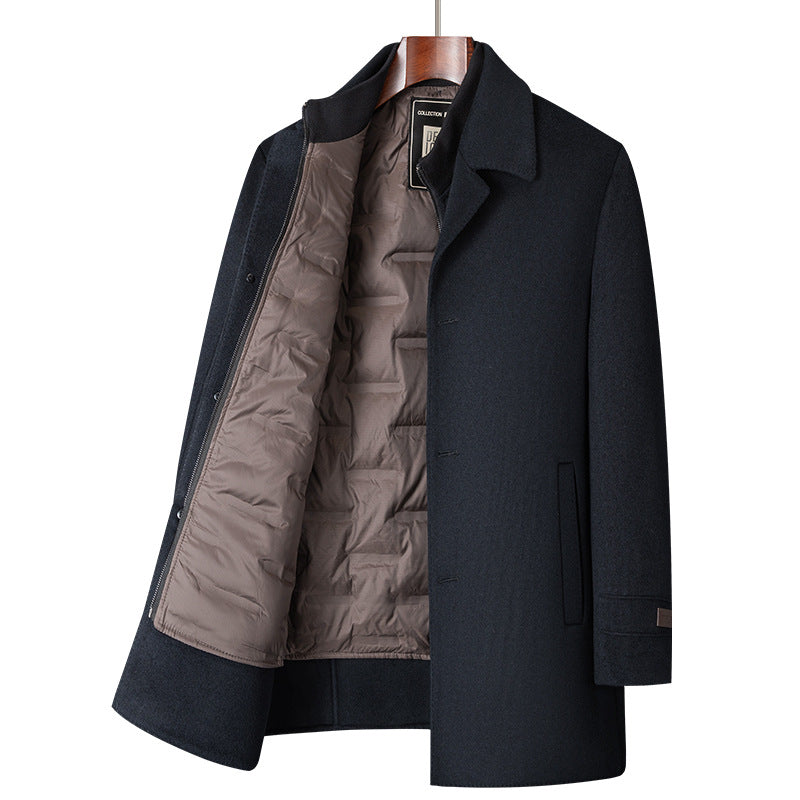 Men's Mid-Long Wool Double-Faced Overcoat With Detachable Down Inner Lining Windbreaker