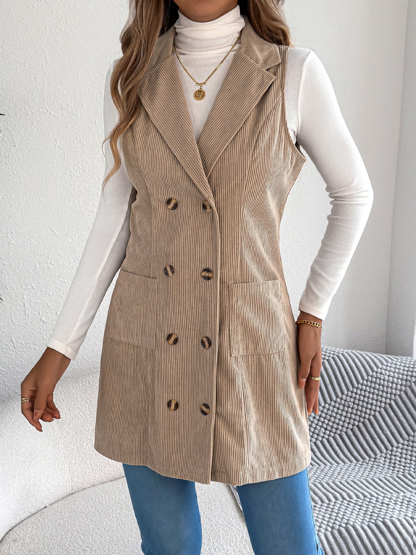 Women's Solid Color Double-Breasted Pocket Corduroy Long Vest Jacket