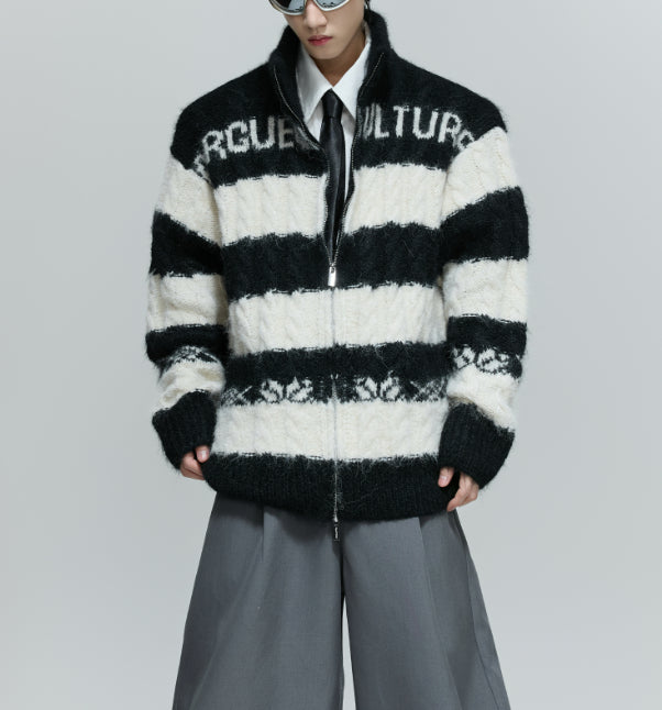 Black And White Contrast Color Thick Needle Woven Cardigan