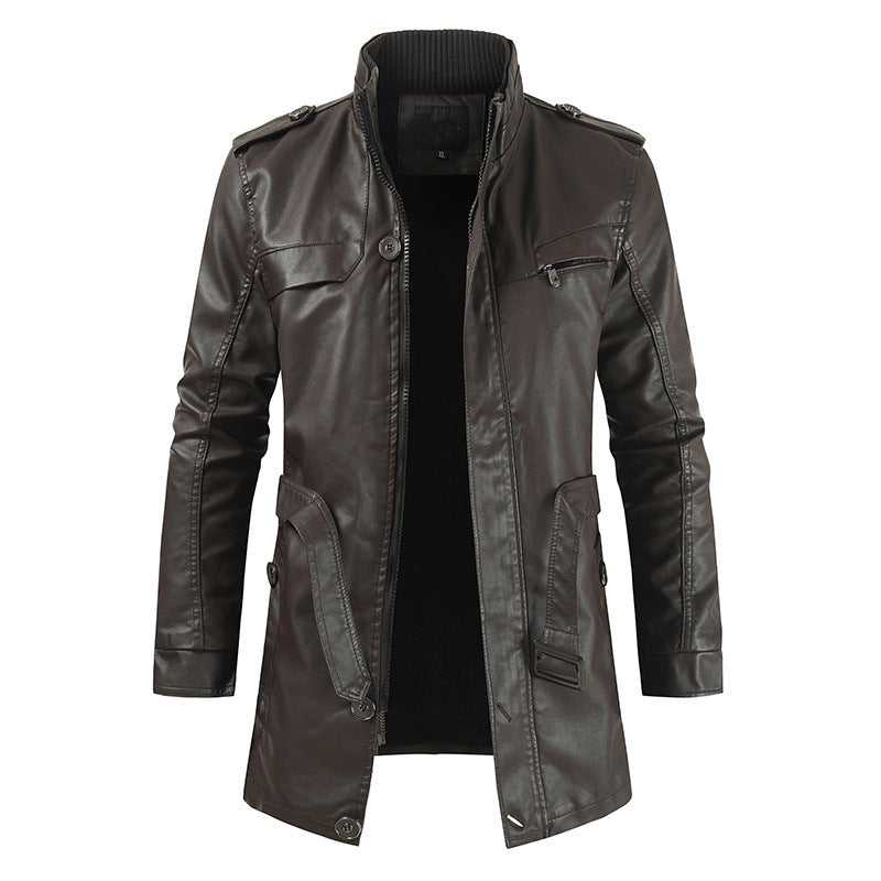 Men's Mid-length Fleece-lined Casual Stand Collar Leather Wind Coat