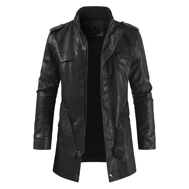 Men's Mid-length Fleece-lined Casual Stand Collar Leather Wind Coat