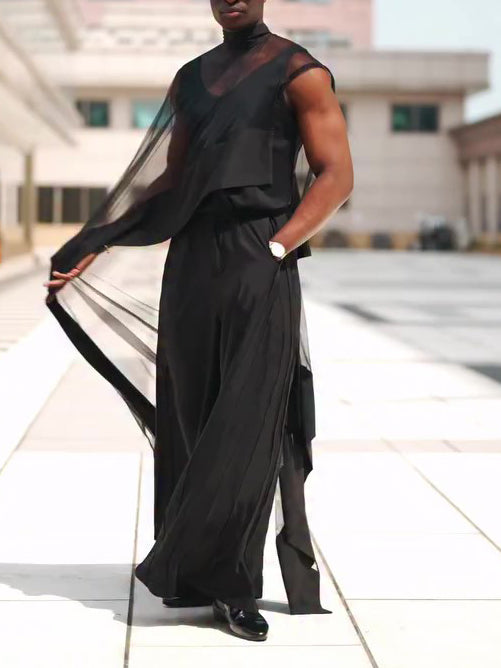Black Mesh Irregular Hem Wide-leg Pants Suit