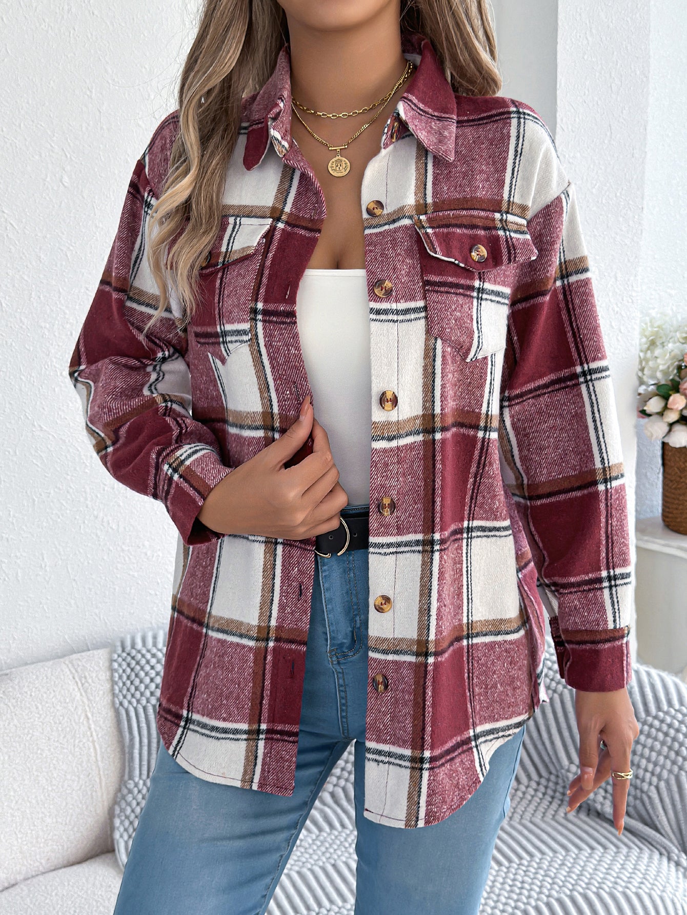 Women's Casual Plaid Fake Pocket Long Sleeve Tweed Mid-Length Coat
