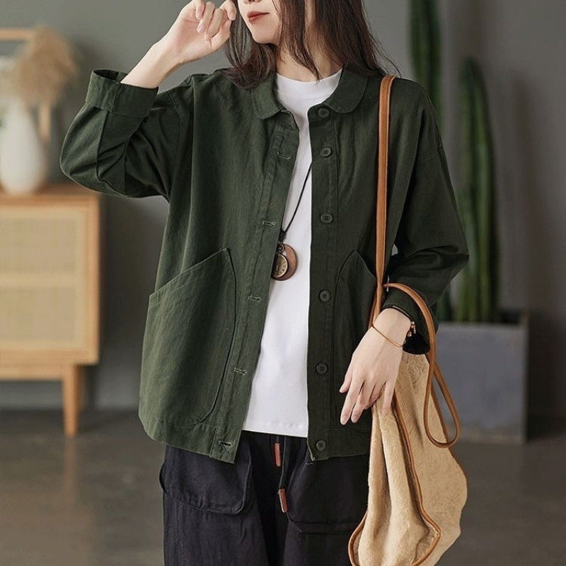Retro Twill Cotton Large Pocket Single Breasted Loose Casual Top