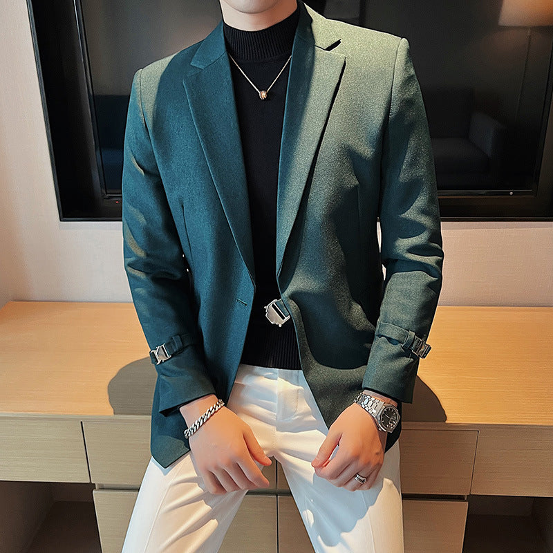 Men's New Personalized Ruan Handsome Casual Suit Top Texture Trendy Buckle Design British Style Suit Coat