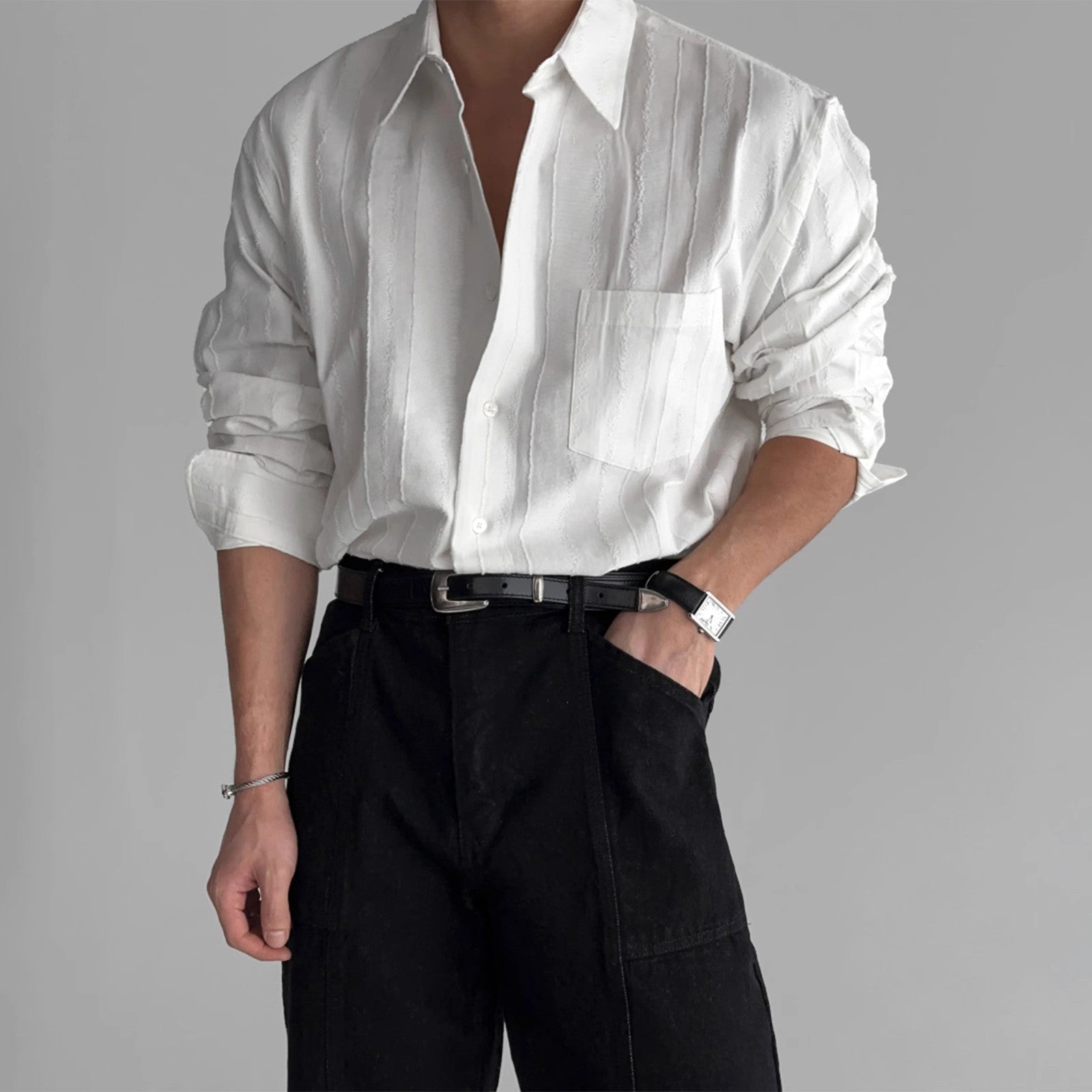 New High-end Textured Wide Solid Color Thin Pocket Long Sleeve Shirt