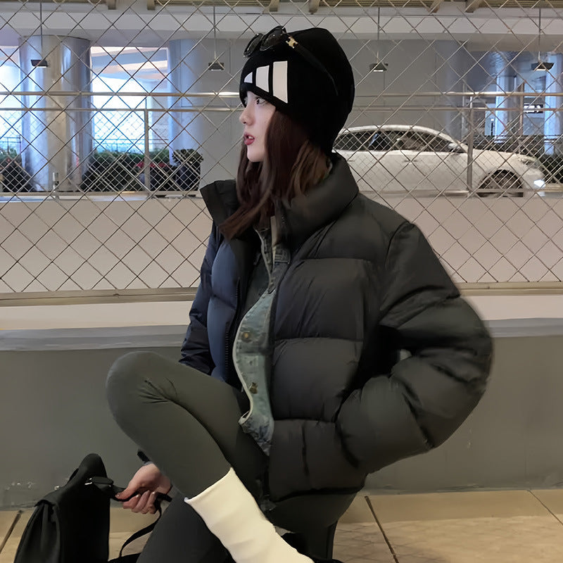 Women's Short Solid Color High-waisted Stand-collar Padded Cotton Coat