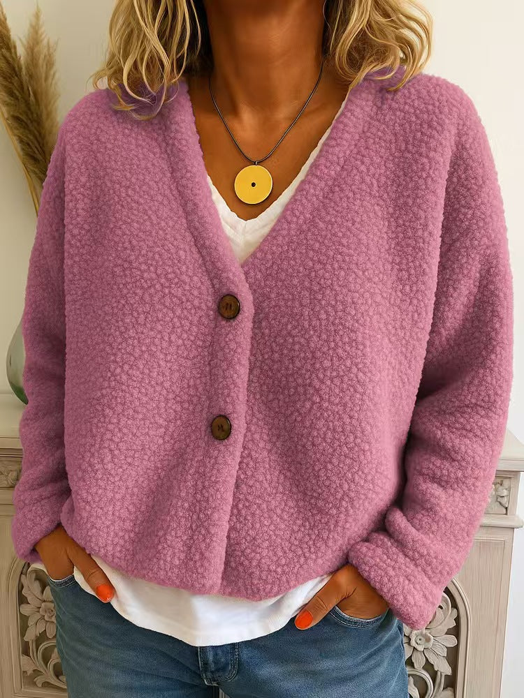 Casual V-neck Long Sleeve Cardigan Solid Color Fleece Button Coat
