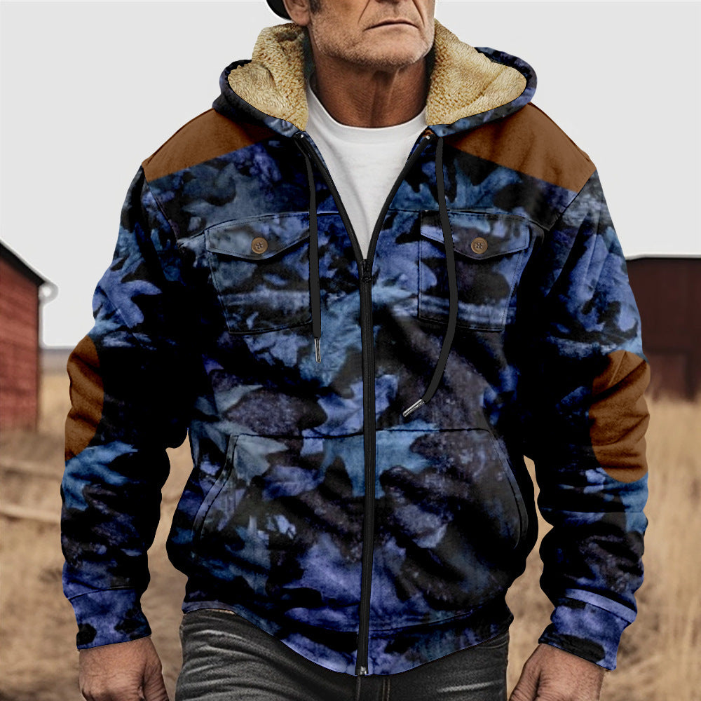 British-style Abstract Fashion Fleece-lined Cotton Coat With Hood And Zipper