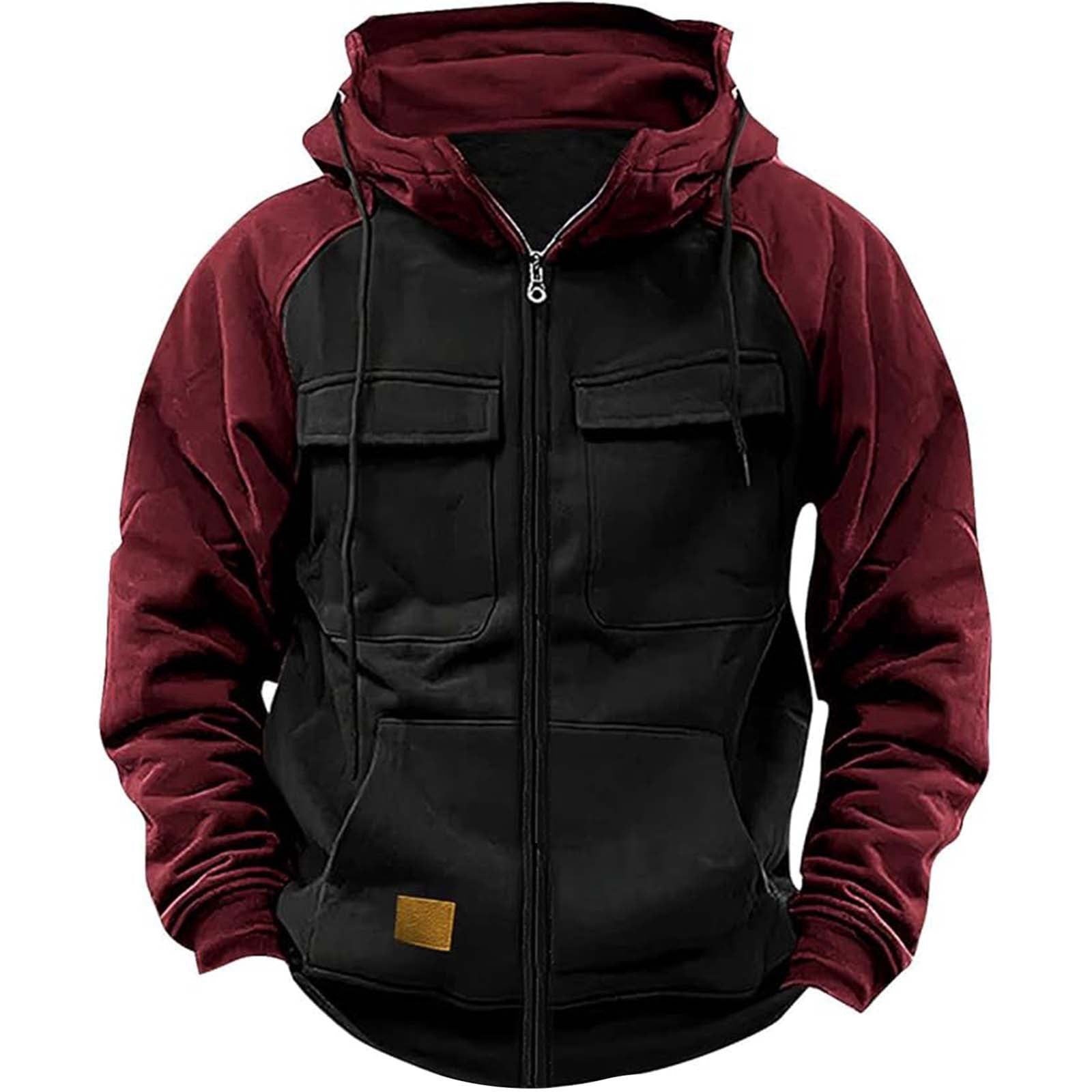 Men's Hooded Solid Color Youth Sports Multi-pocket Patch Hoodie