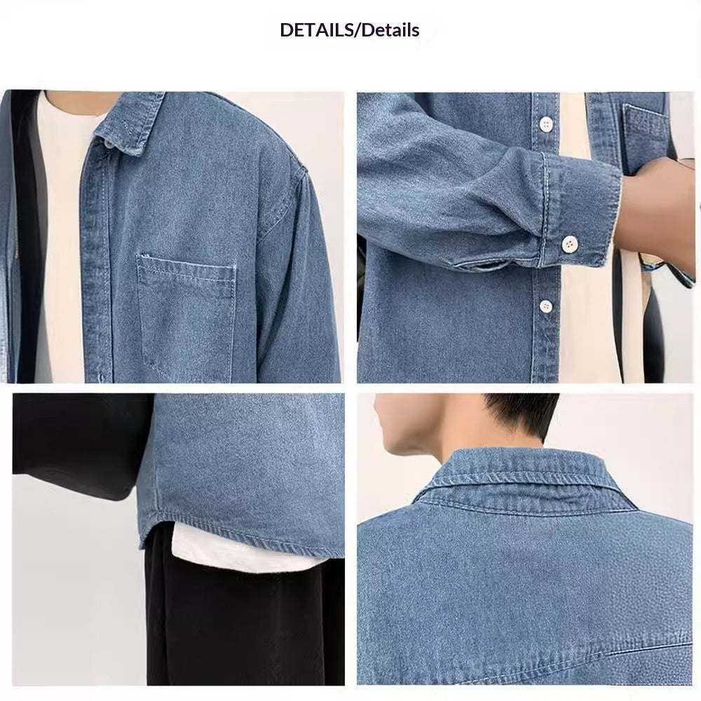 New Hong Kong Style Handsome Design Blue Denim Long Sleeve Shirt