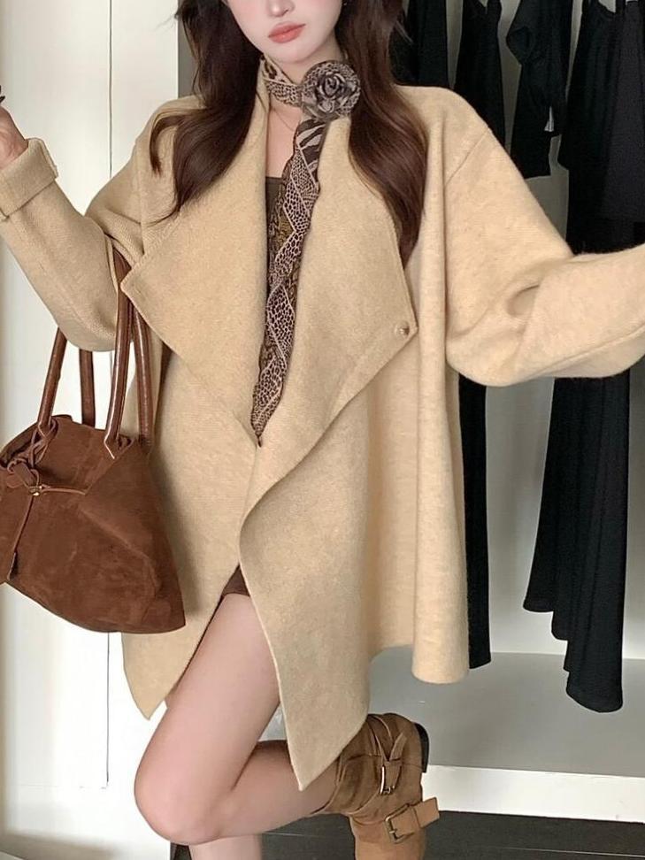Irregular Lapel Mid-length Knitted Cardigan Casual Laid-back Style