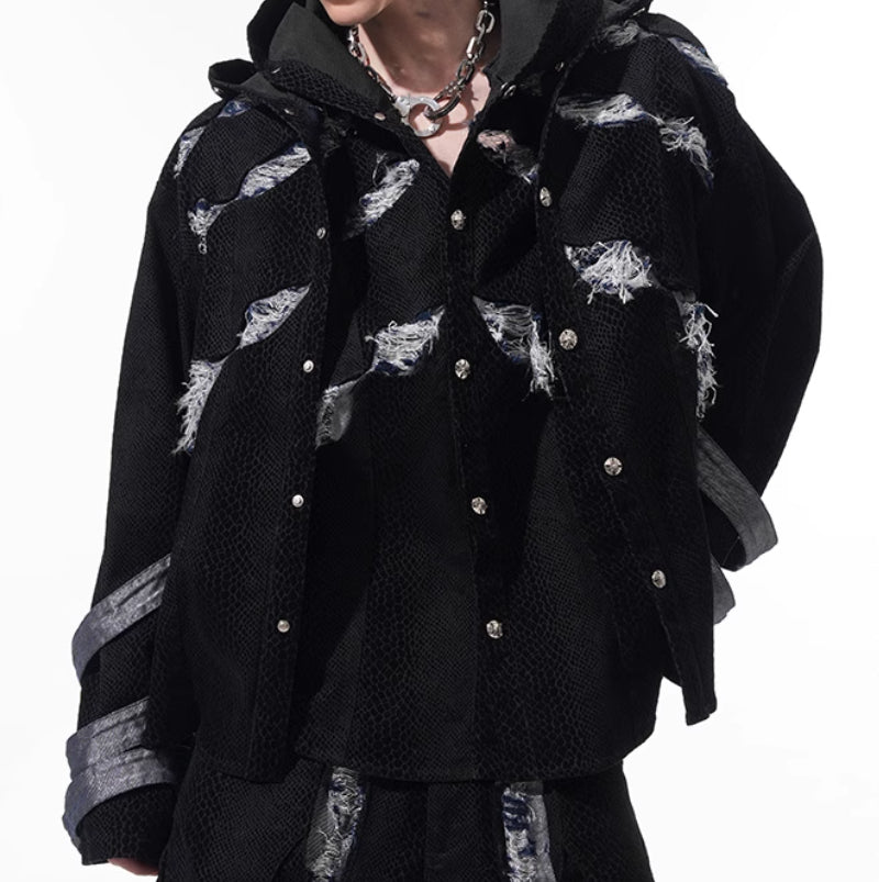 Cut Scratch Snake Print Hooded Jacket
