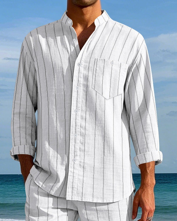 Men's Linen Fashion Shirt Striped Stand-up Collar Loose-fitting Breathable Casual