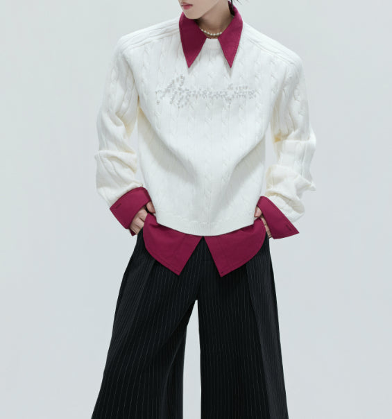 Fake Two-piece Design Thickened Sweater Pearl Embellished Knitted Top