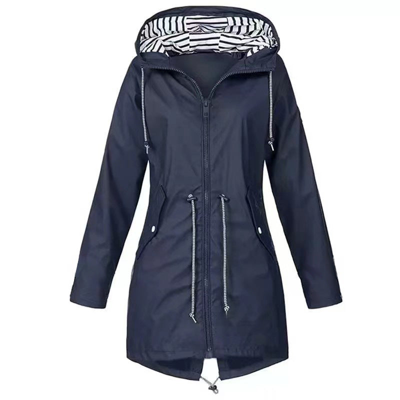 Womens Waterproof Raincoat Casual Basic Outdoors Drawstring Trench Lightweight Drawstring Jackets Hiking Clothes For Women