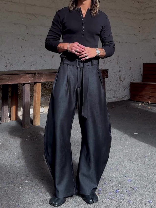 Chic Black Oversized Wide-Leg Pants With High-Waisted Belt