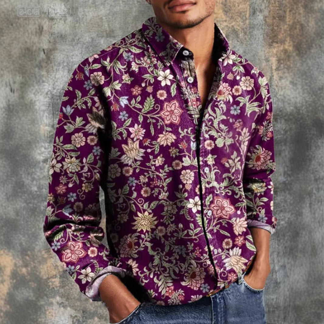 Retro Casual Printed Long Sleeve Men's Shirt