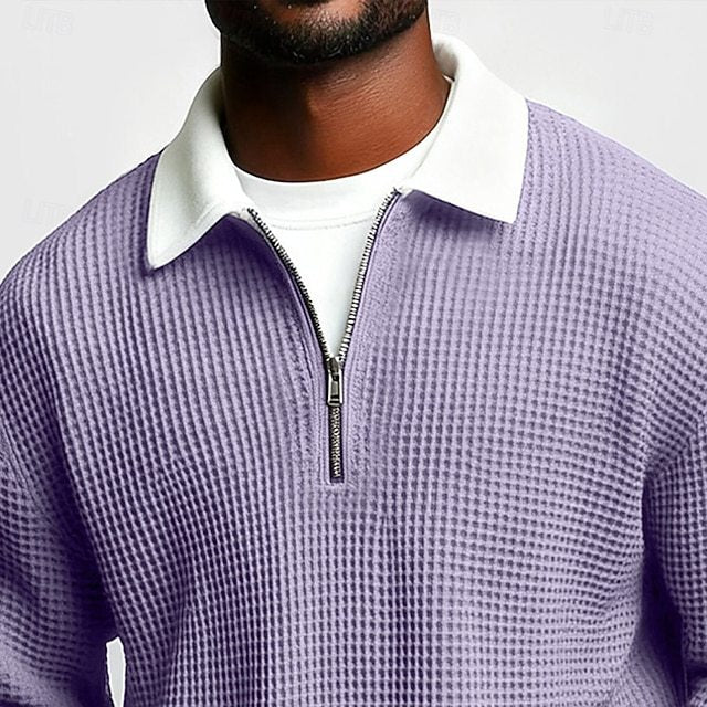 Men's Solid-Color Waffle-Weave Long-Sleeve Lapel Zip-Up Shirt