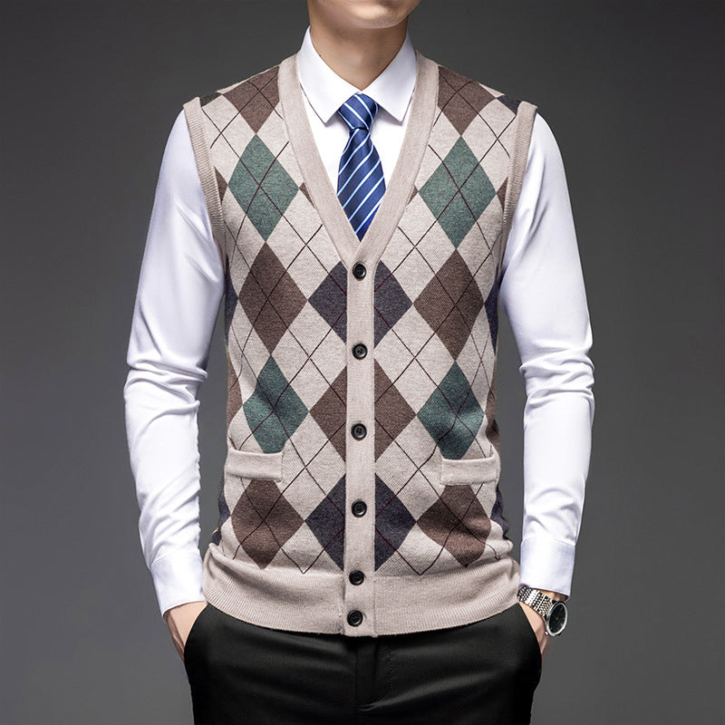 Men's Knitted Wool Vest Cardigan Sleeveless Pocket V-neck Vest