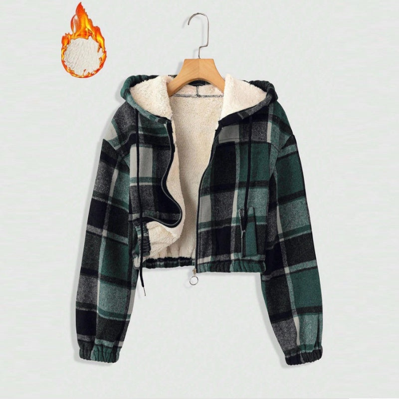 Women's Elegant Plaid Hooded Jacket, Full-Zip Lightweight Coat For Winter Casual Wear