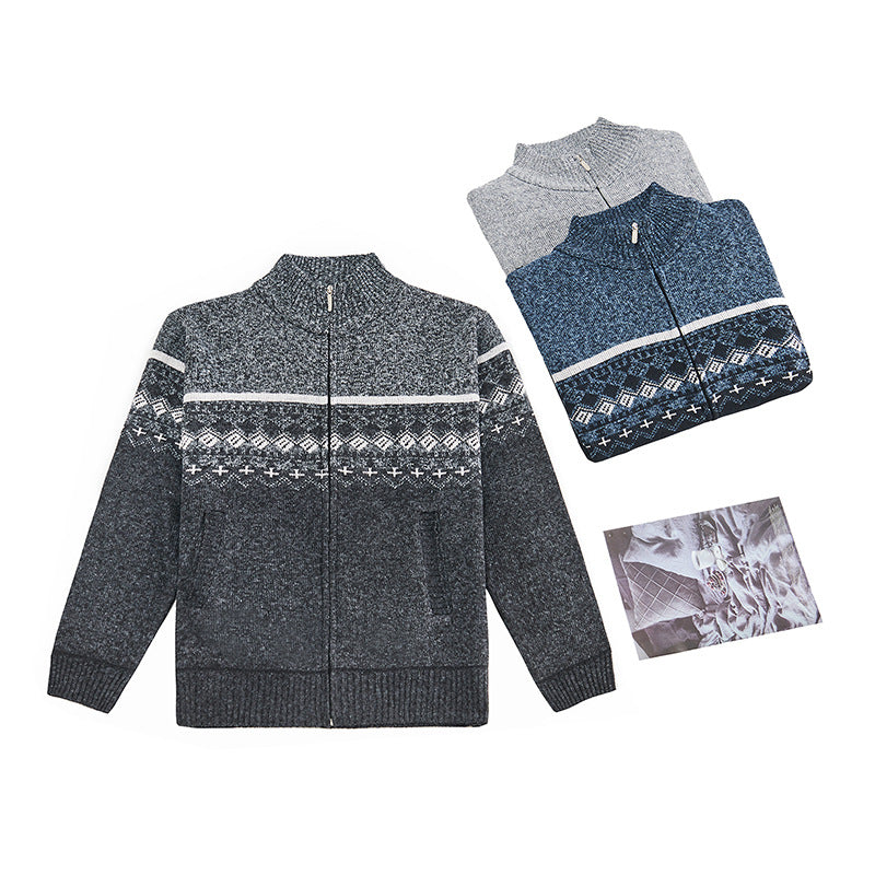 Velvet Thickening Sweater Men's Stand Collar Assorted Colors Retro Jacquard Knitted Cardigan