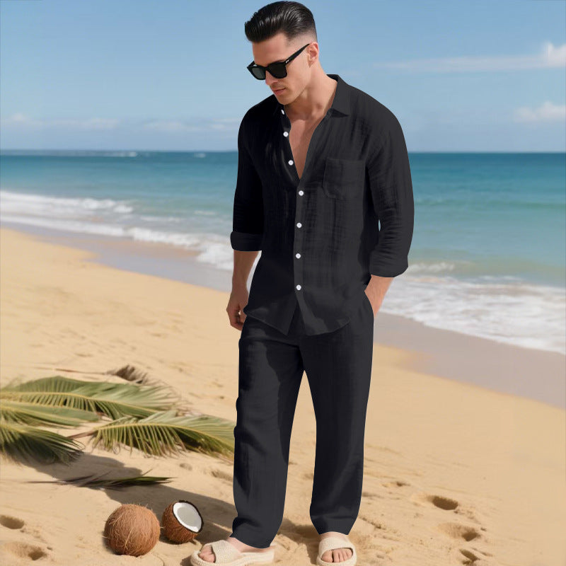 Beach Leisure Loose Collar Shirt Long Sleeve Pants Set