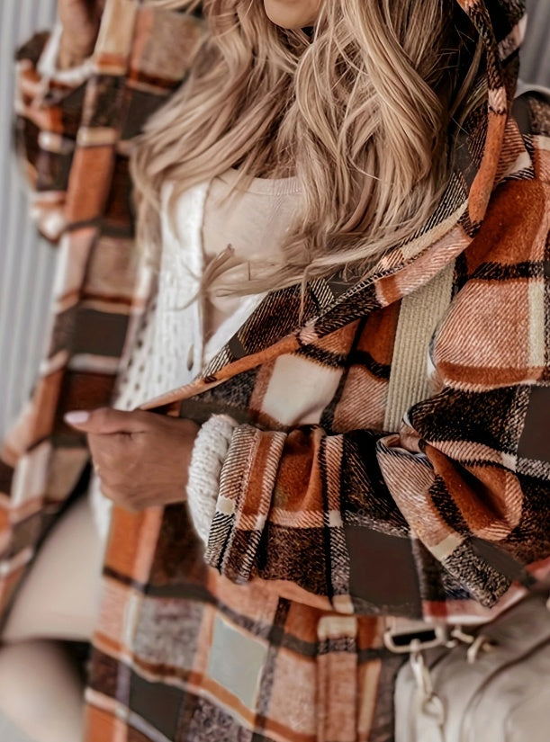 Women's Plaid Hooded Coat With Pocket Detail