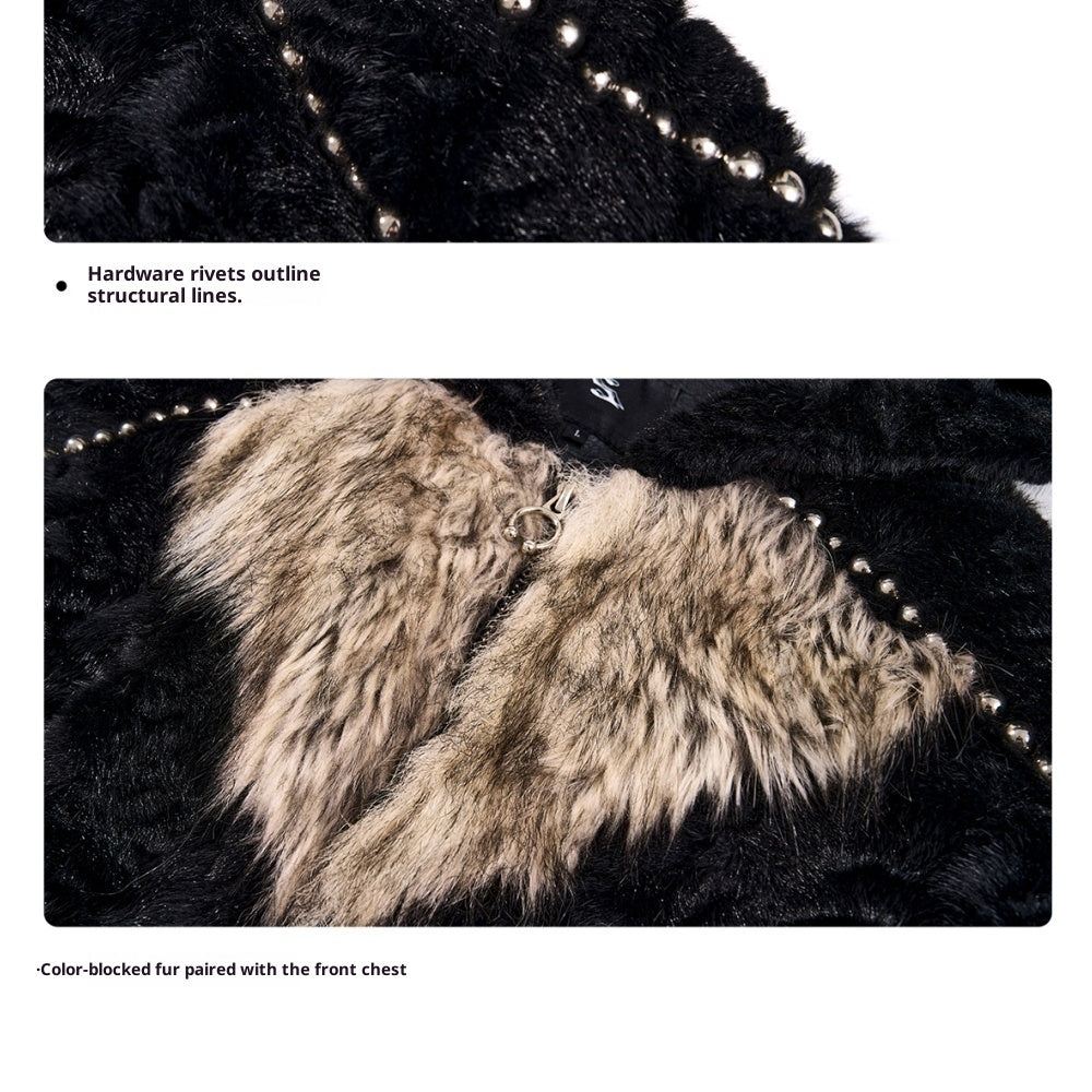 Color-blocked Heart-patterned Thick Faux Fur Hooded Jacket