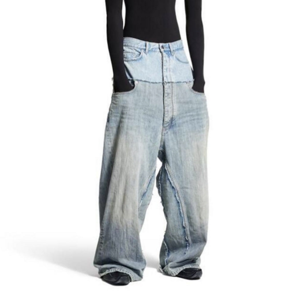Cat Whisker Distressed Long Pants Unisex Double Waist Patchwork Jeans