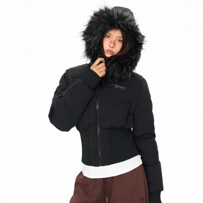 Printed Fur-collar Hooded Cotton Coat Women's Winter American Slim Fit