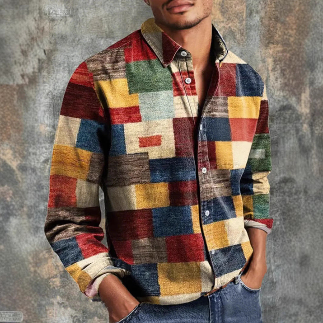 Retro Casual Printed Long Sleeve Men's Shirt