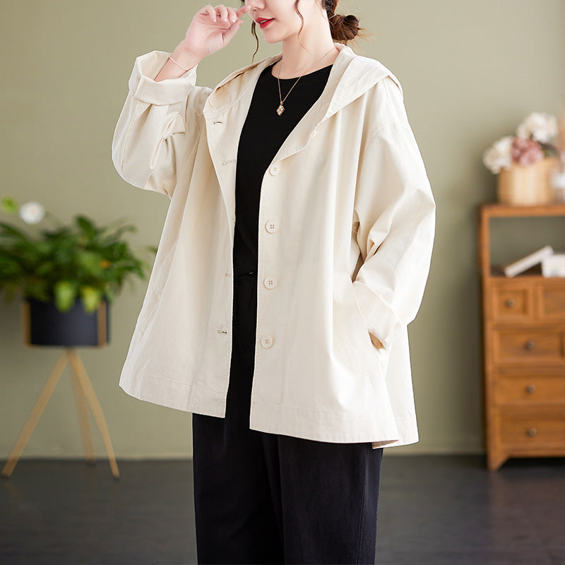 Hooded Loose Coat Women Retro Khaki Casual Cotton Artistic Stitching Women