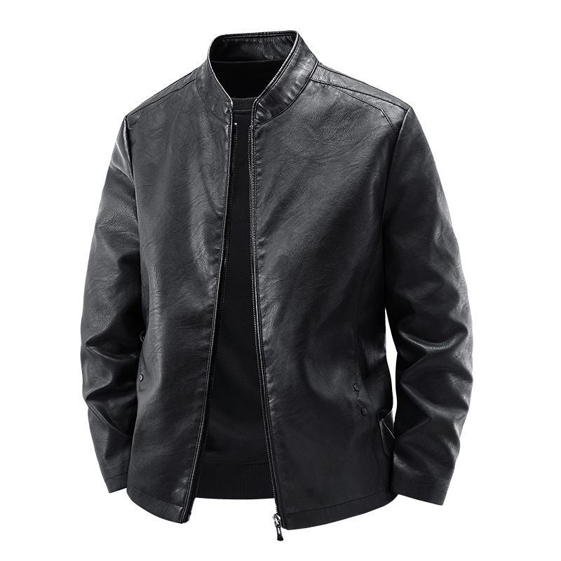 Men's Motorcycle Leather Coat Spring And Autumn Solid Color Stand Collar