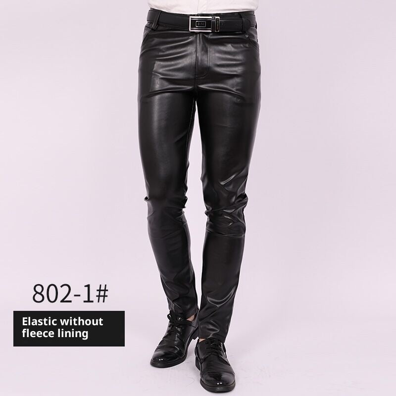 Men's Skinny Pants Tight Elastic Trend Motorcycle Male Nightclub Leather Pants
