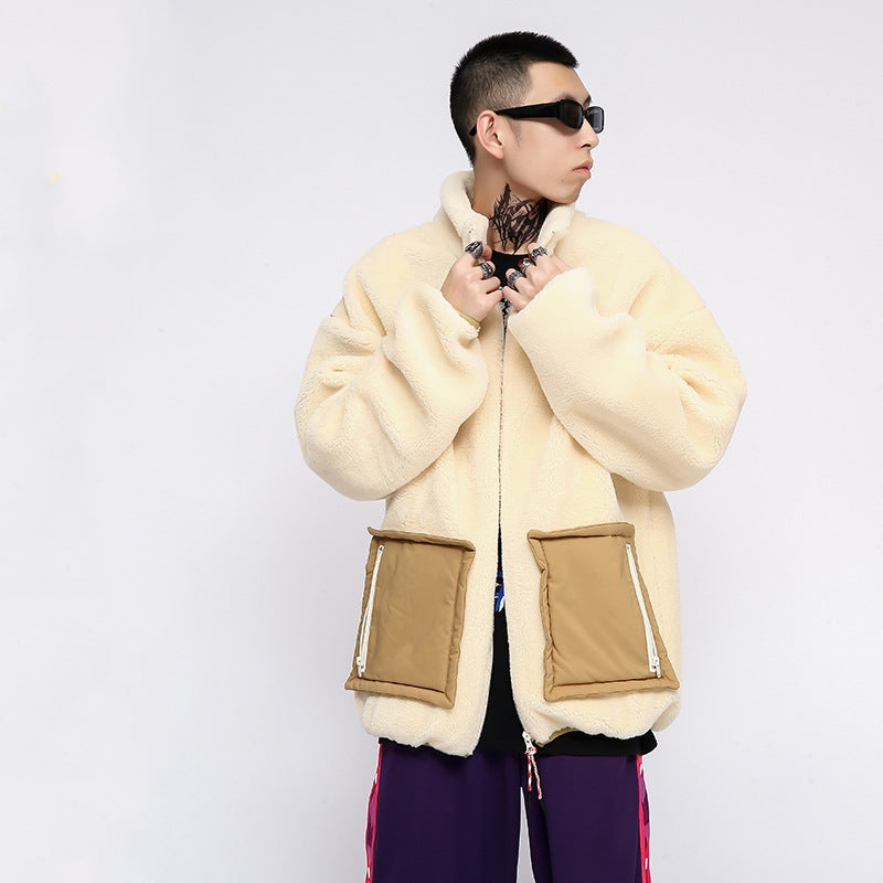 Autumn Winter Assorted Colors Large Pocket Lamb Wool Coat For Men