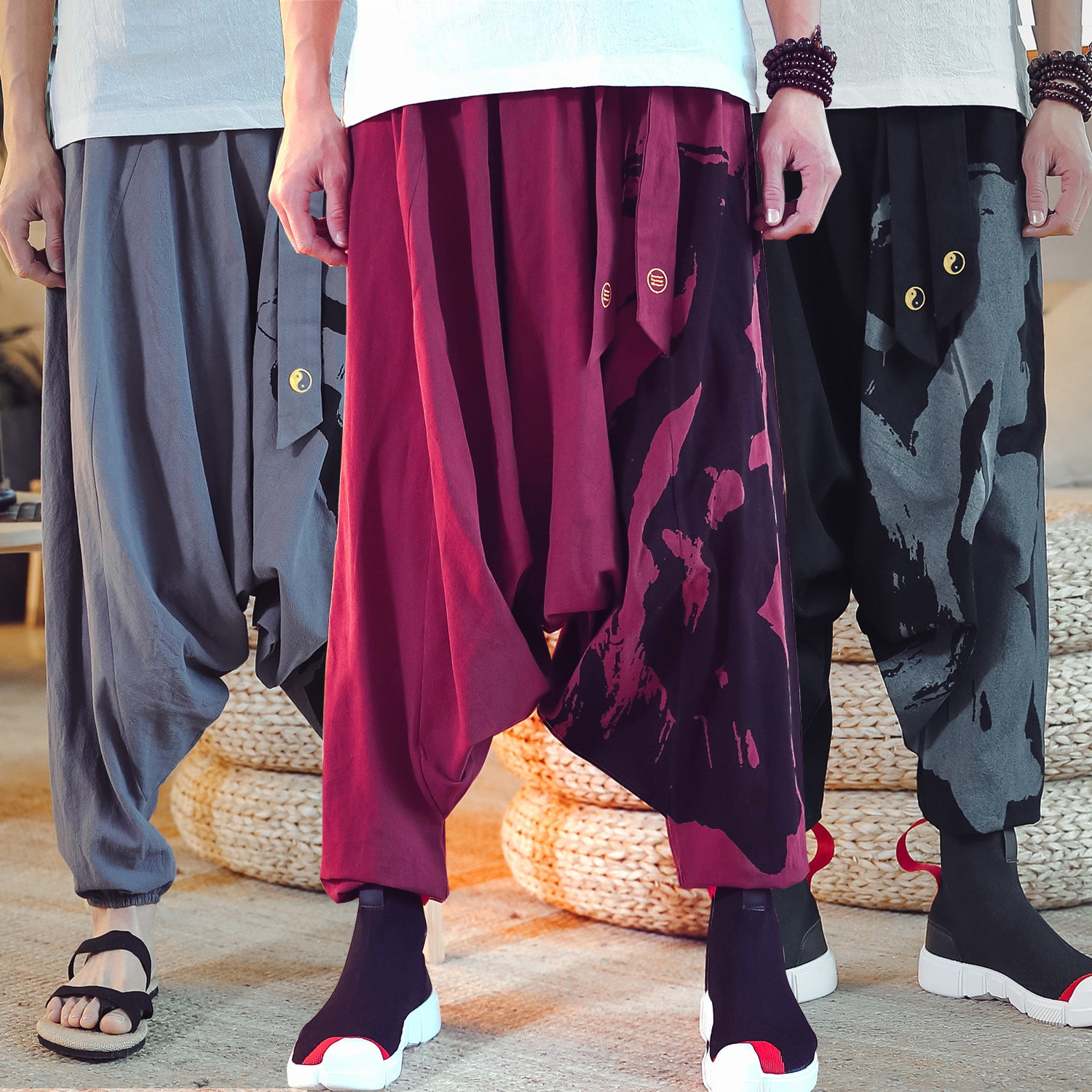 Chinese Style Cotton And Linen Baggy Men's Loose Cropped Pants With Printed Ankle Cuffs