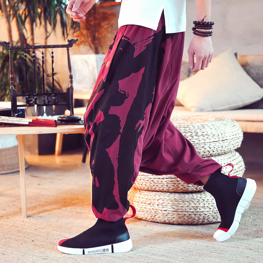 Chinese Style Cotton And Linen Baggy Men's Loose Cropped Pants With Printed Ankle Cuffs