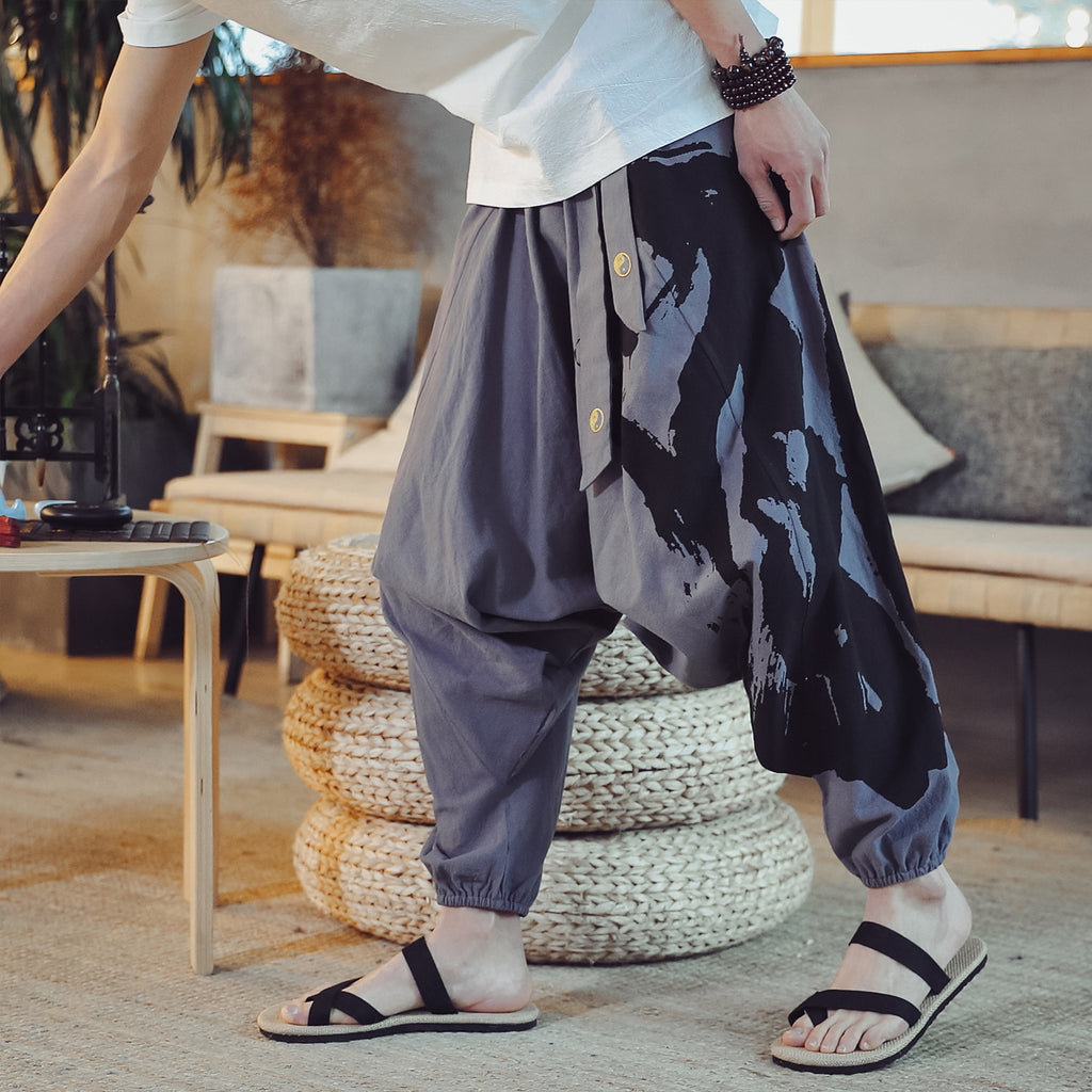 Chinese Style Cotton And Linen Baggy Men's Loose Cropped Pants With Printed Ankle Cuffs