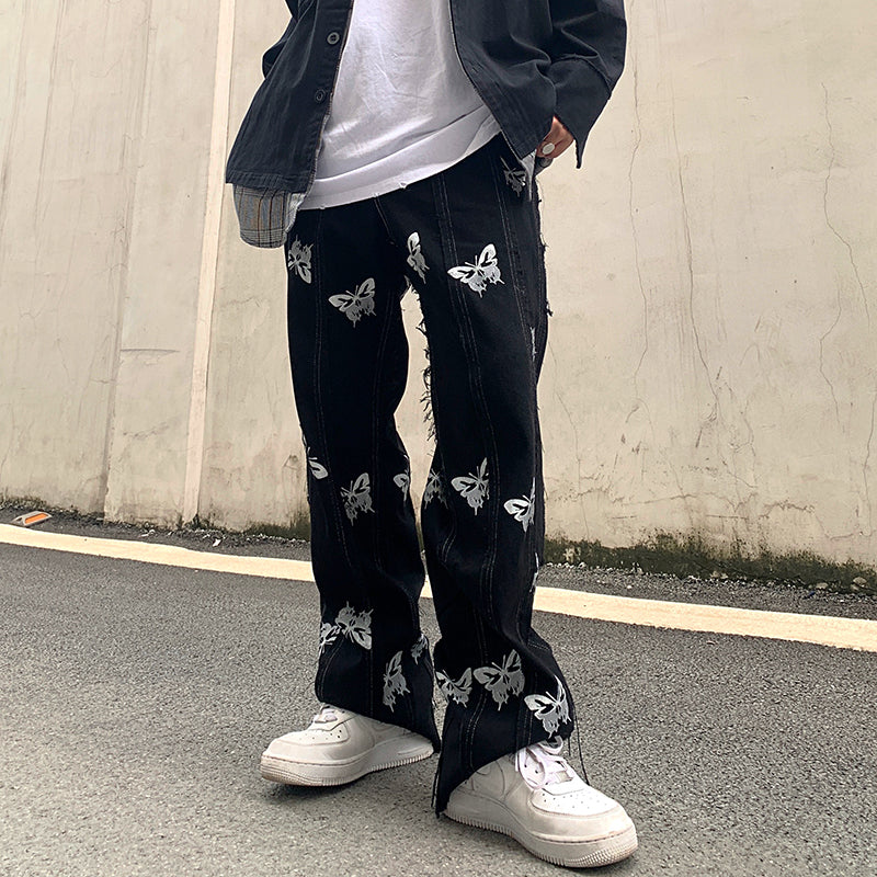 Niche Personality Butterfly Reflective Printing Stitching Tassel Harajuku Hip-Hop Street Straight Jeans Dark Ins Tide