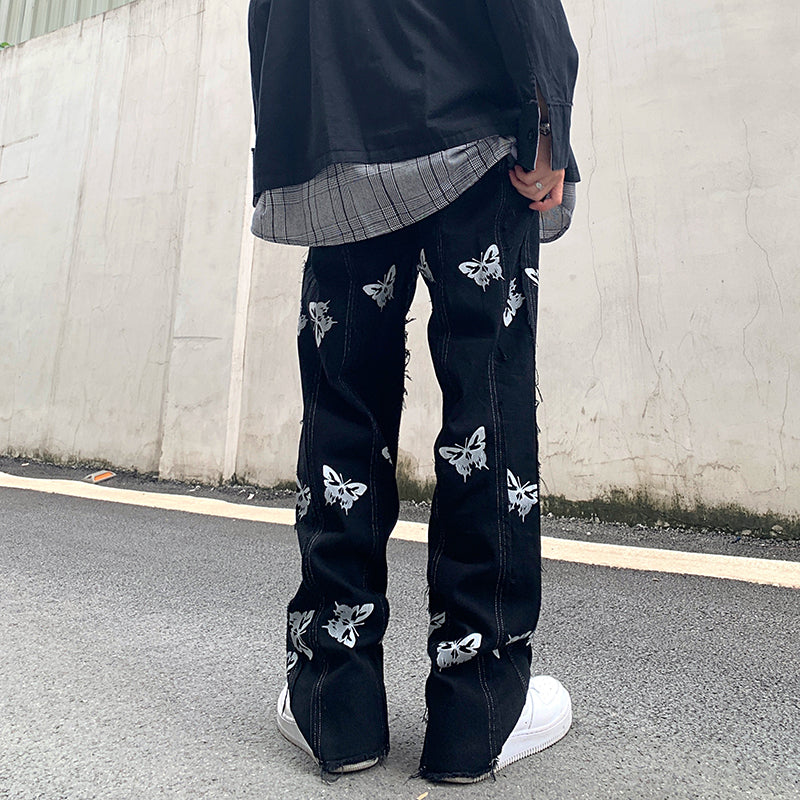 Niche Personality Butterfly Reflective Printing Stitching Tassel Harajuku Hip-Hop Street Straight Jeans Dark Ins Tide