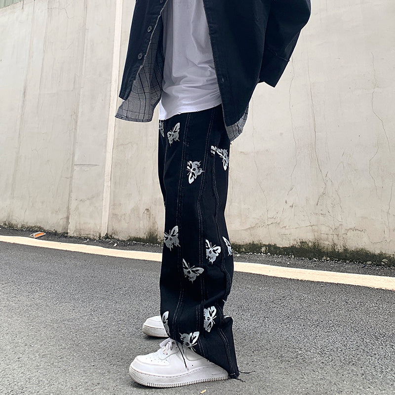 Niche Personality Butterfly Reflective Printing Stitching Tassel Harajuku Hip-Hop Street Straight Jeans Dark Ins Tide
