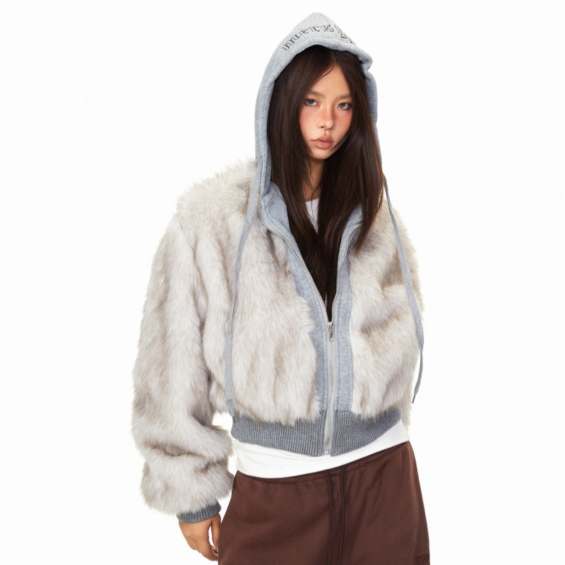 Faux Fur Letter Hooded Thick Cotton Coat For Women Winter