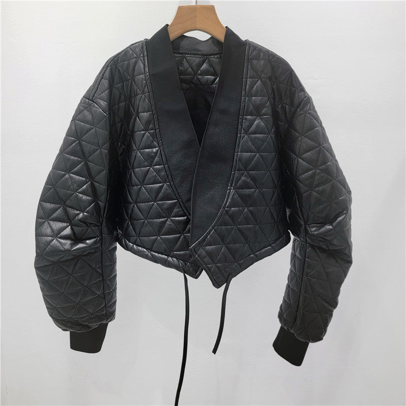 Short Quilted Leather Motorcycle Jacket Women