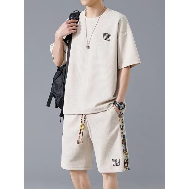 Waffle Embroidery Summer Loose All-match Short Sleeve Two-piece Set
